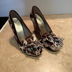 Dolce & Gabbana pony hair, cow print stack heels